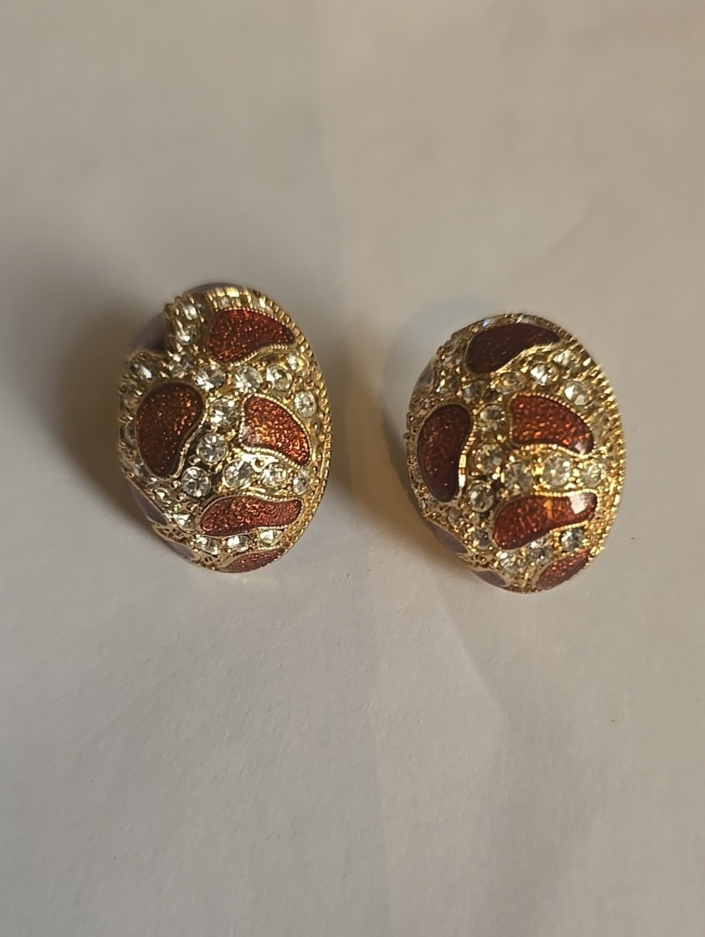 Gold-Tone Red Enamel and Crystal Oval Clip-On Earrings